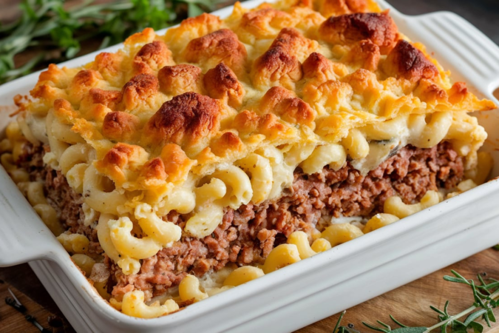 Cheesy Mac and Meatloaf Layered Casserole